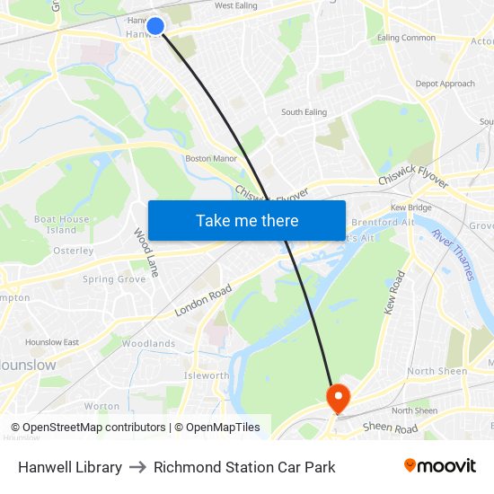 Hanwell Library to Richmond Station Car Park map