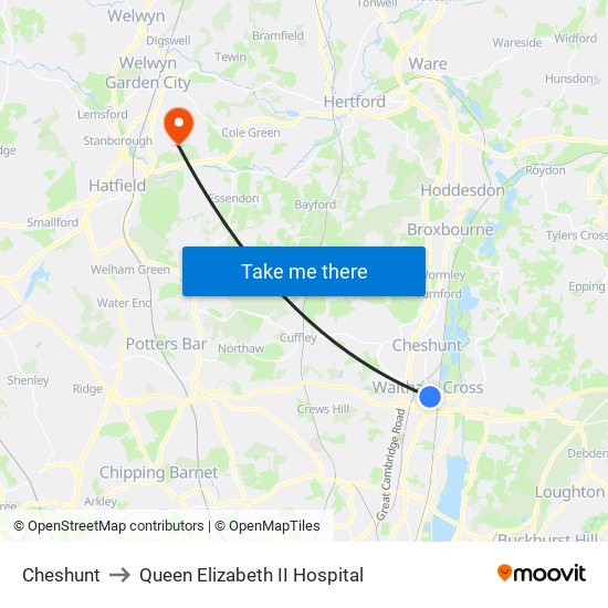 Cheshunt to Queen Elizabeth II Hospital map
