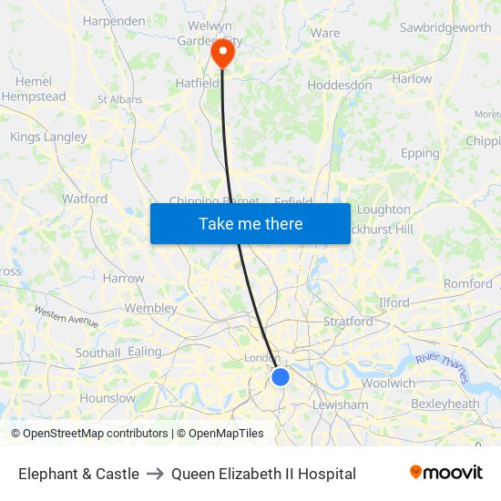 Elephant & Castle to Queen Elizabeth II Hospital map
