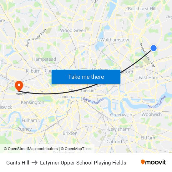 Gants Hill to Latymer Upper School Playing Fields map