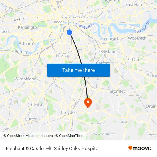 Elephant & Castle to Shirley Oaks Hospital map