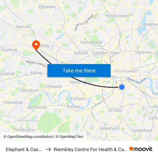 Elephant & Castle to Wembley Centre For Health & Care map