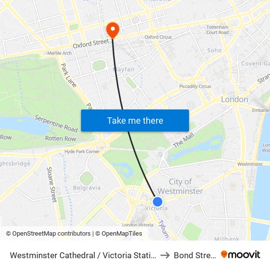 Westminster Cathedral / Victoria Station to Bond Street map