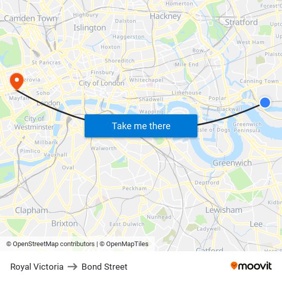 Royal Victoria to Bond Street map