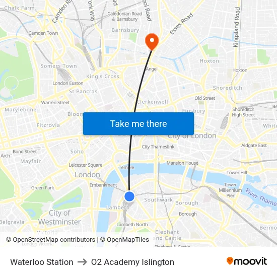 Waterloo Station to O2 Academy Islington map