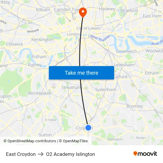 East Croydon to O2 Academy Islington map