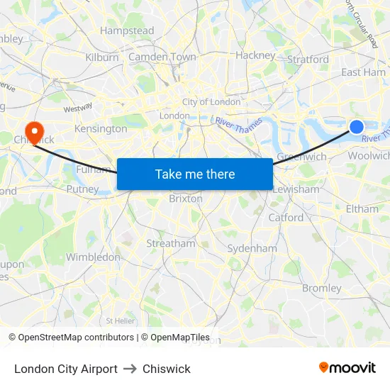 London City Airport to Chiswick map