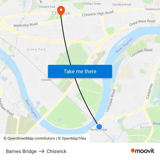 Barnes Bridge to Chiswick map