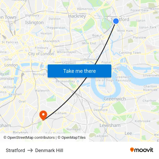 Stratford to Denmark Hill map