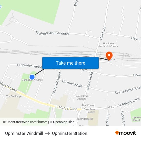 Upminster Windmill to Upminster Station map