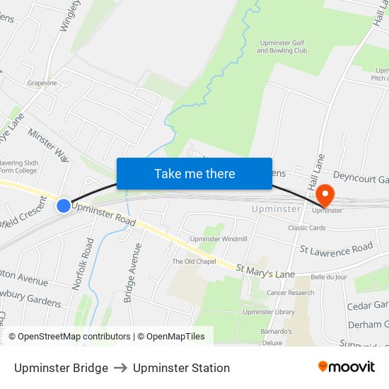 Upminster Bridge to Upminster Station map