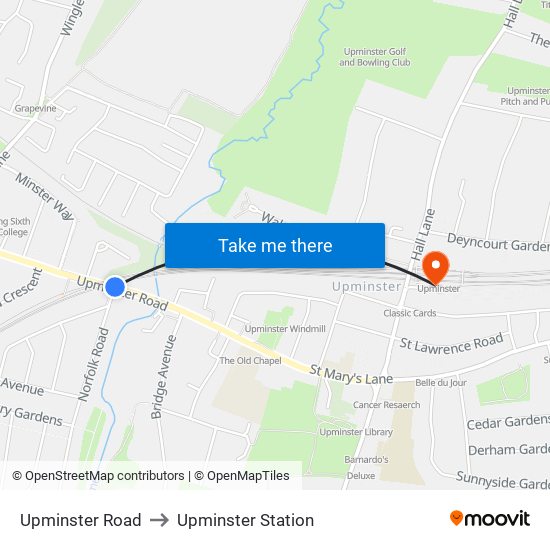 Upminster Road to Upminster Station map