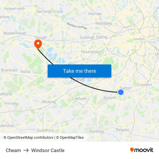 Cheam to Windsor Castle map