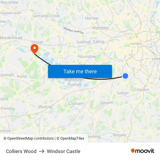 Colliers Wood to Windsor Castle map