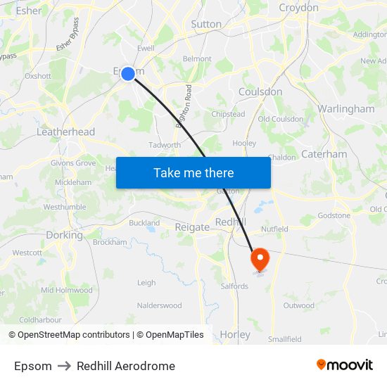 Epsom to Redhill Aerodrome map