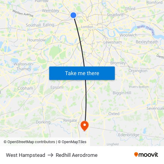 West Hampstead to Redhill Aerodrome map