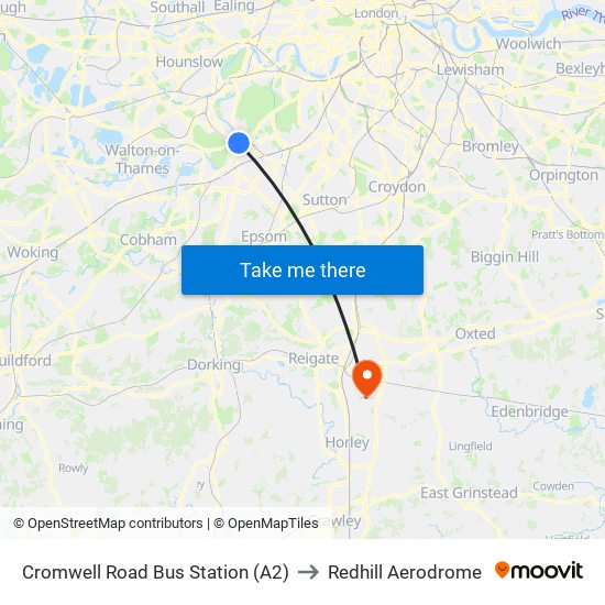 Cromwell Road Bus Station (A2) to Redhill Aerodrome map