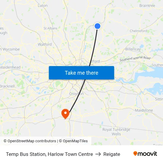 Temp Bus Station, Harlow Town Centre to Reigate map