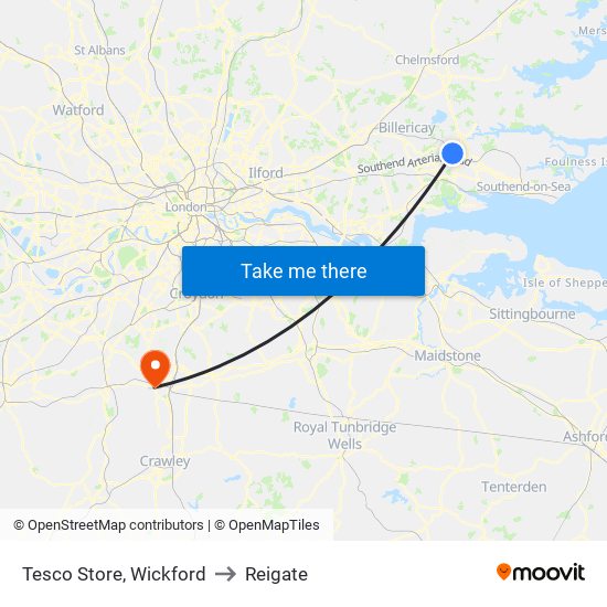 Tesco Store, Wickford to Reigate map