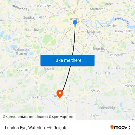 London Eye, Waterloo to Reigate map