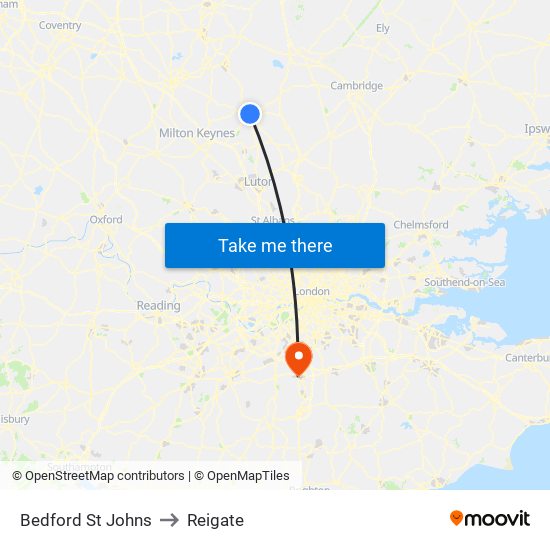 Bedford St Johns to Reigate map