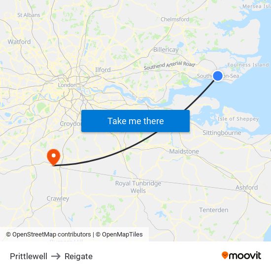 Prittlewell to Reigate map