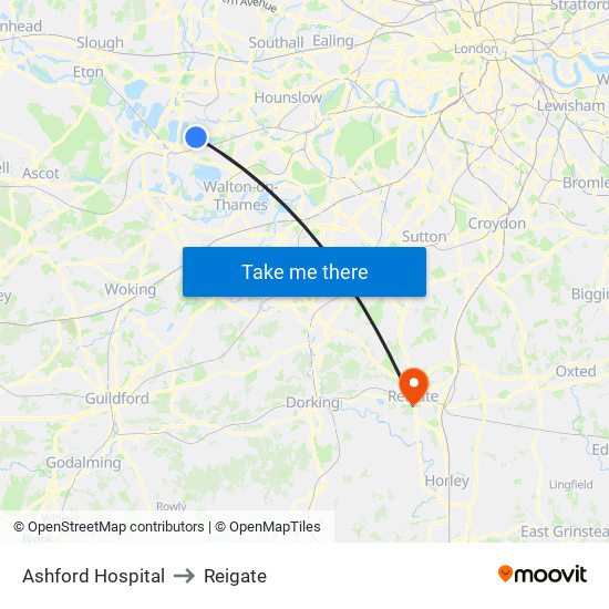 Ashford Hospital to Reigate map