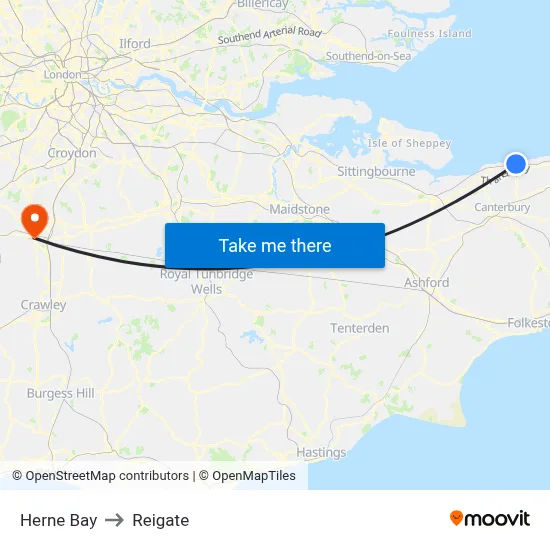 Herne Bay to Reigate map