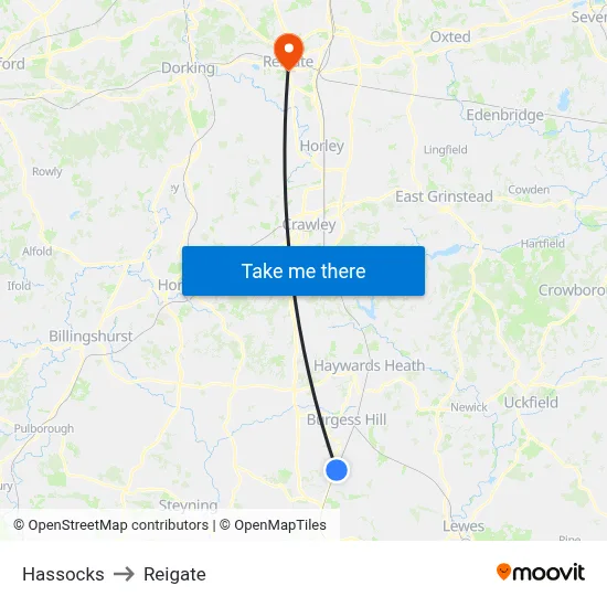 Hassocks to Reigate map