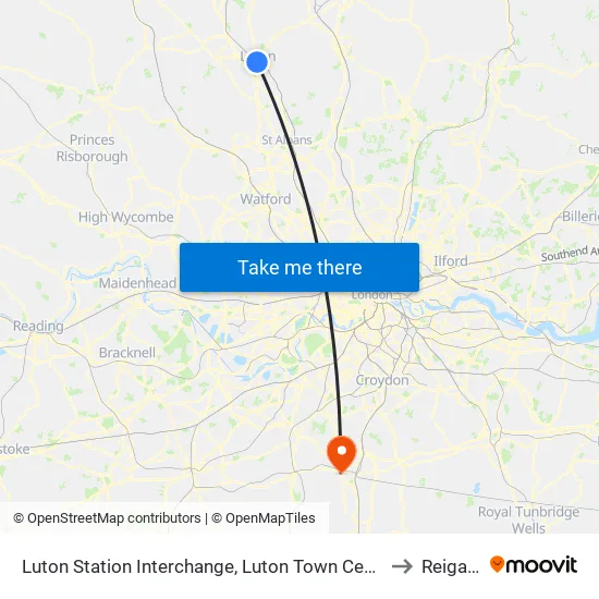 Luton Station Interchange, Luton Town Centre to Reigate map