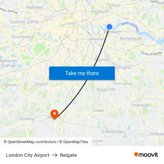 London City Airport to Reigate map