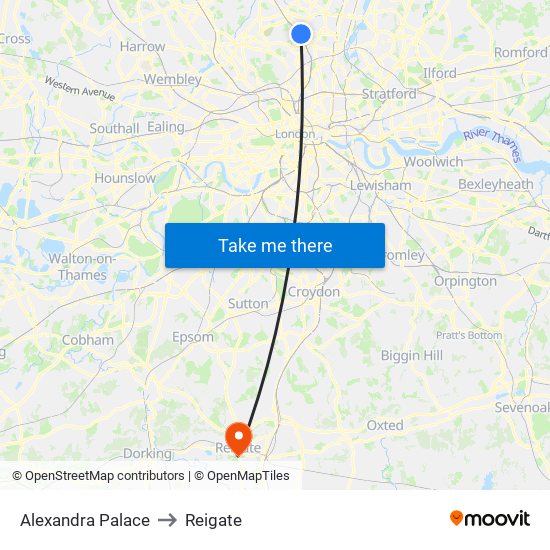 Alexandra Palace to Reigate map