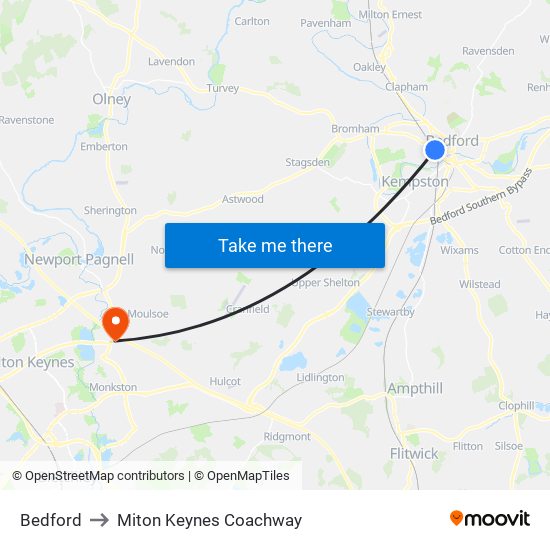 Bedford to Miton Keynes Coachway map