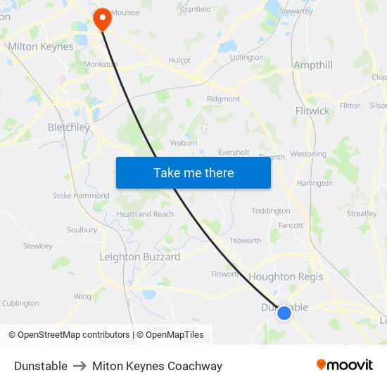 Dunstable to Miton Keynes Coachway map