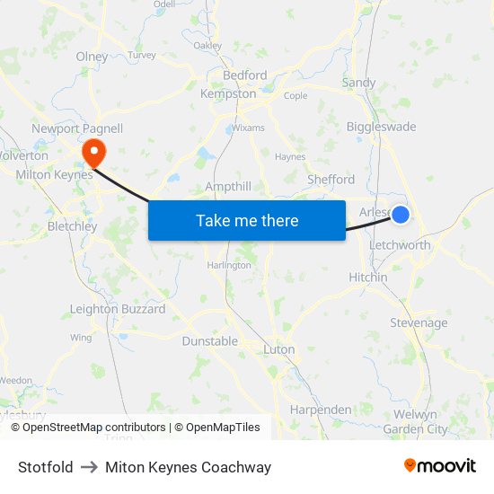 Stotfold to Miton Keynes Coachway map