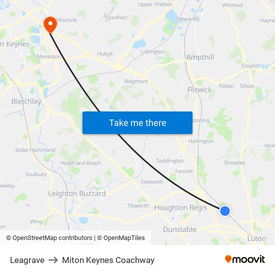 Leagrave to Miton Keynes Coachway map