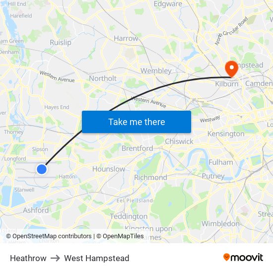 Heathrow to West Hampstead map