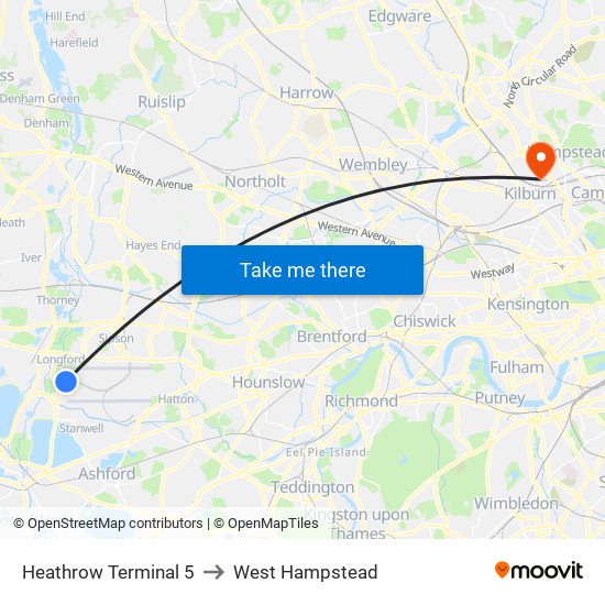 Heathrow Terminal 5 to West Hampstead map