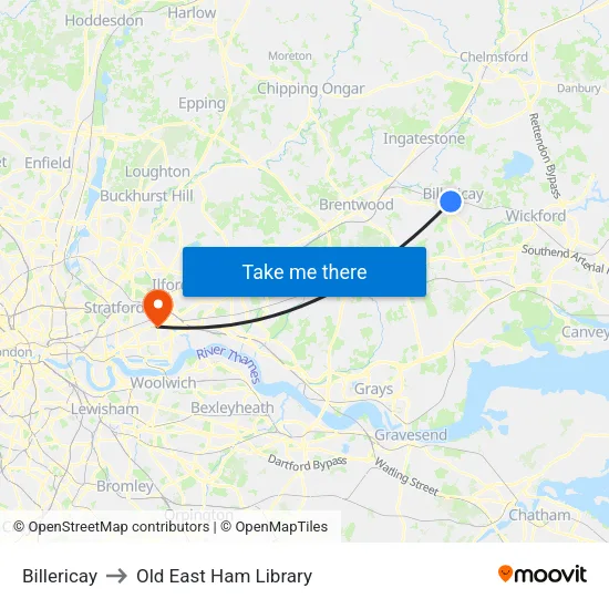 Billericay to Old East Ham Library map