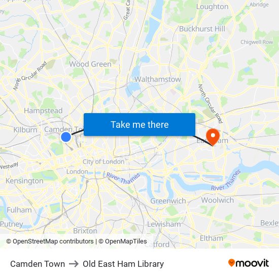 Camden Town to Old East Ham Library map