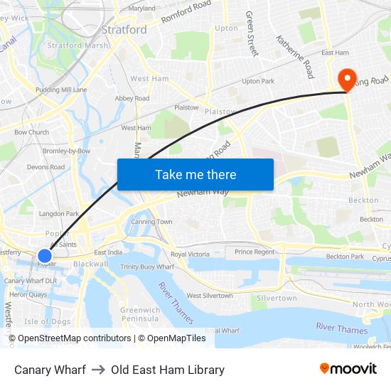 Canary Wharf to Old East Ham Library map