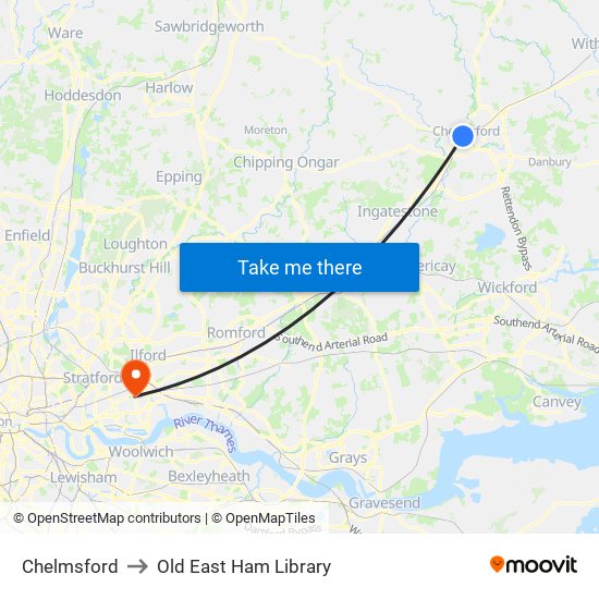 Chelmsford to Old East Ham Library map