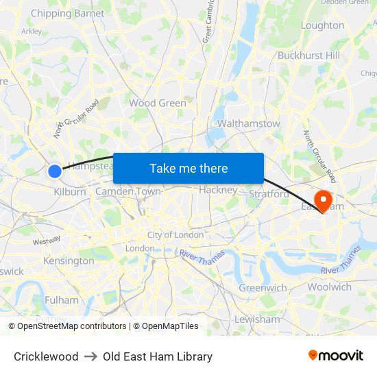 Cricklewood to Old East Ham Library map