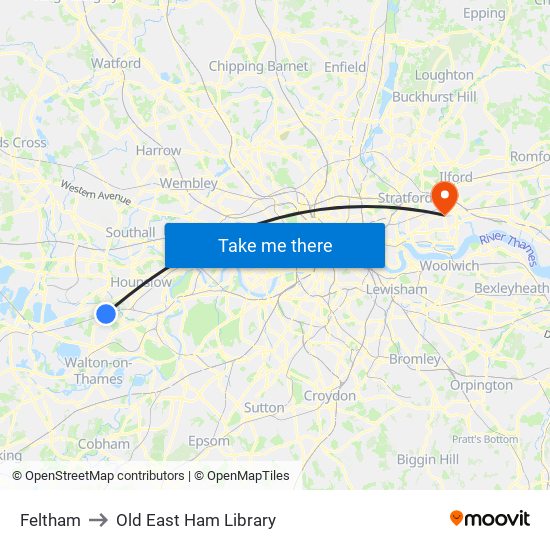 Feltham to Old East Ham Library map