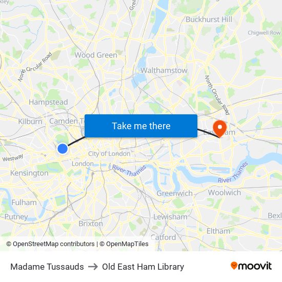Madame Tussauds to Old East Ham Library map
