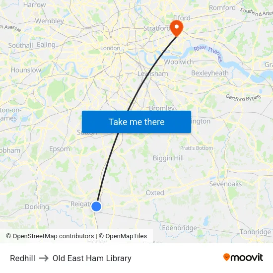Redhill to Old East Ham Library map