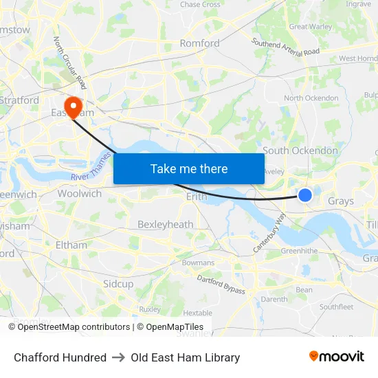 Chafford Hundred to Old East Ham Library map