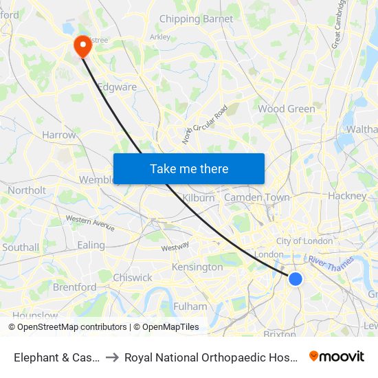 Elephant & Castle to Royal National Orthopaedic Hospital map