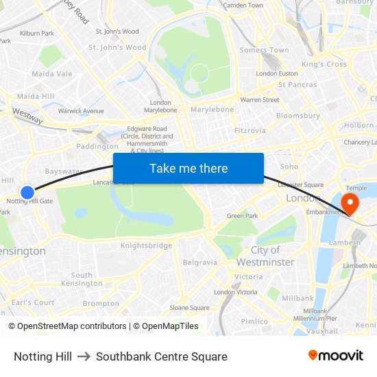 Notting Hill to Southbank Centre Square map