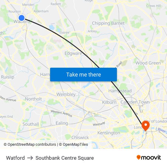 Watford to Southbank Centre Square map